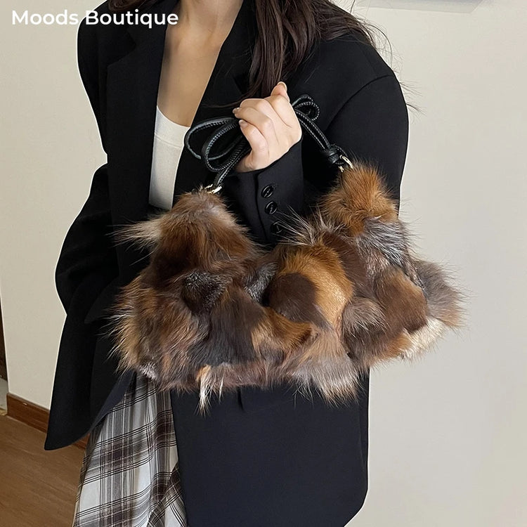 Winter Warm Fox Fur Shoulder Hobo Bags For Women Latest Luxury Designer Purses And Handbags Elegant Evening Bag For Dinner Party