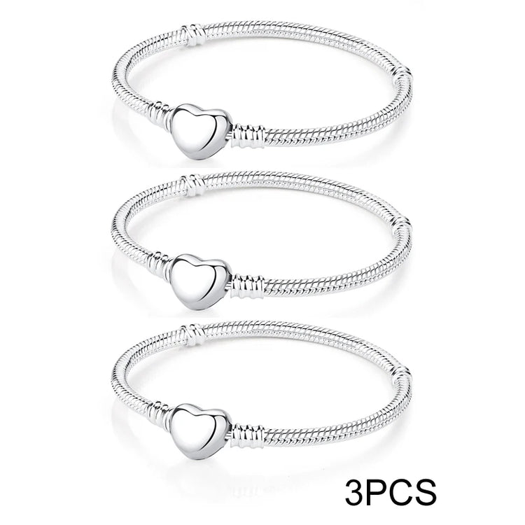 Original 925 Sterling Silver Bracelets Bangles Love Heart Clip Charms Beads Snake Chains For Women Rose Gold DIY Luxury Jewelry