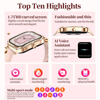 Fashion Women Diamond Watch 1.75 inch 360*360 HD Display Heart Rate Blood Oxygen Monitoring Bluetooth Call Smartwatch 2026 New