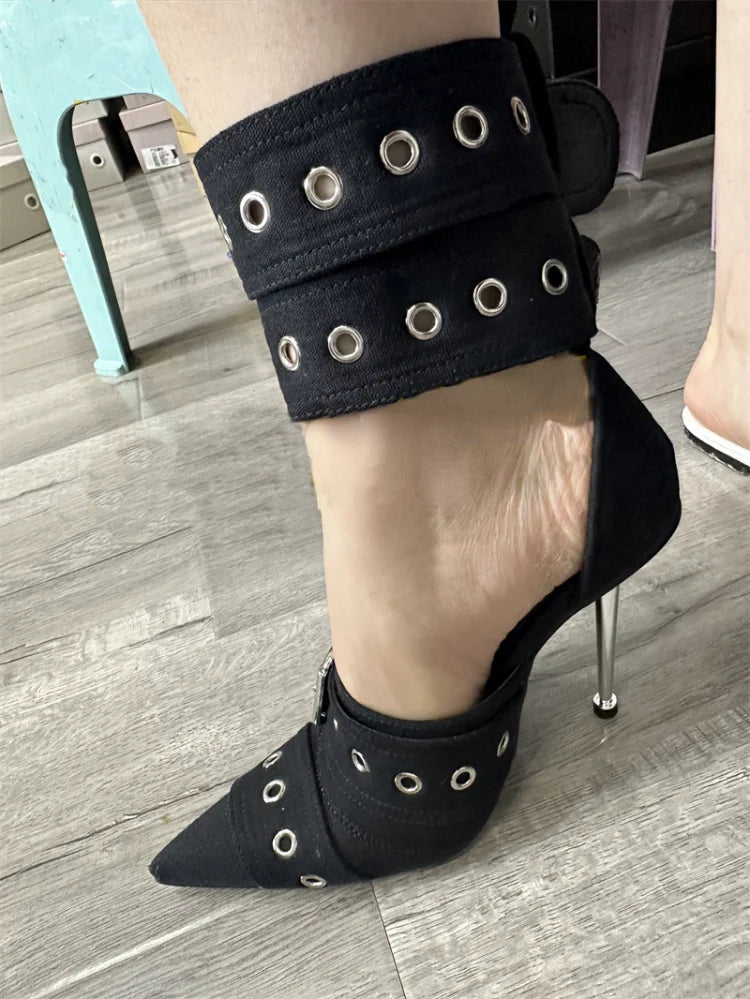 New Women Denim Metal Rivet Buckle Sandals Women Sexy Punk Style Pointed Hollow Metal 11cm High Heel Knee High Boots Size34-43