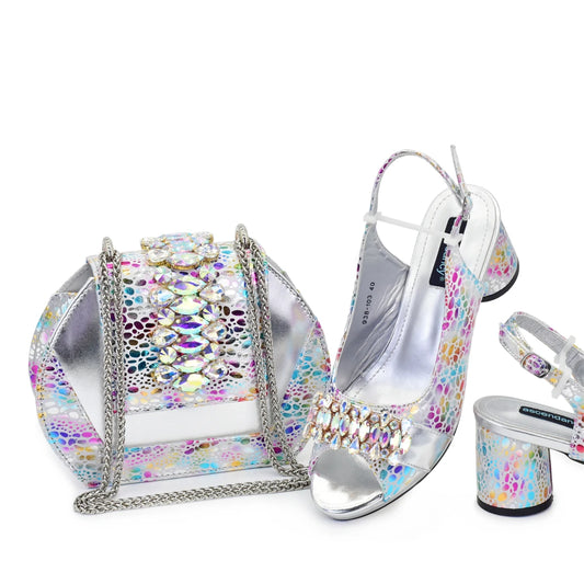 doershow New Arrival African Wedding Shoes and Bag Set silver  Color Italian Shoes with Matching Bags Nigerian lady party  SN1-1