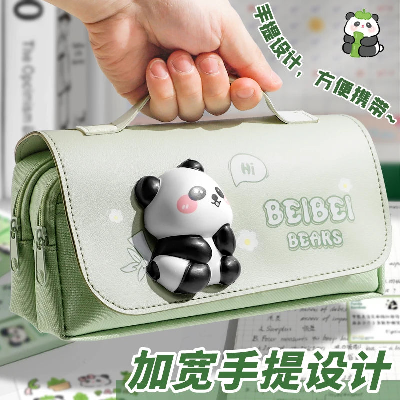 Green Panda Pencil Bag Large Capacity Stationery Pen Case Bear Dog Cat Handle Storage School Supplies Gift Box PU Ruler Holder A
