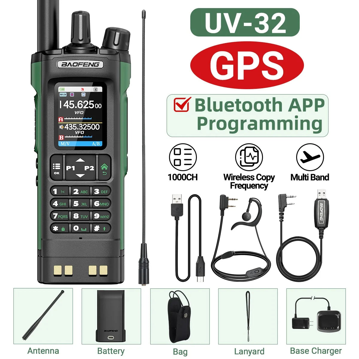 BAOFENG UV-32 GPS Walkie Talkie 10W Multi Band Bluetooth Programming Wireless Copy Frequency NOAA Long Range Ham Two Way Radio