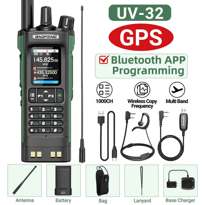 BAOFENG UV-32 GPS Walkie Talkie 10W Multi Band Bluetooth Programming Wireless Copy Frequency NOAA Long Range Ham Two Way Radio