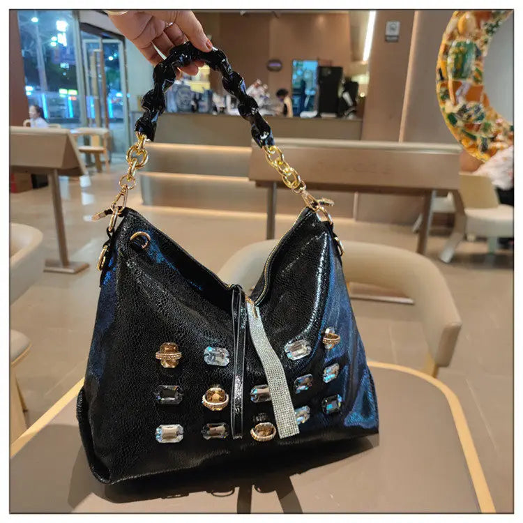 2026 New Fashion Diamonds Women Handbags Genuine Leather Tote Bag Large Capacity Work Commute Leisure Versatile Shoulder Bags