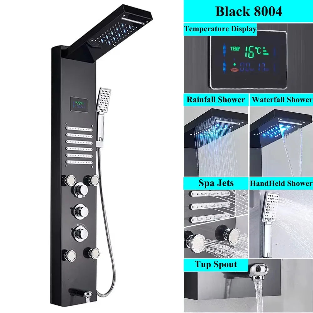 LED Shower Panel Tower System Rain Waterfall Shower Column With SPA Massage Temperature Screen athtub Water Mixer Tap Faucet Set