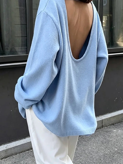 Casual Knitted Sweater Round Neck Open Back Long Sleeves Loose Pullover 2026 Autumn Fashion Daily Versatile Cardigan Top Outfit