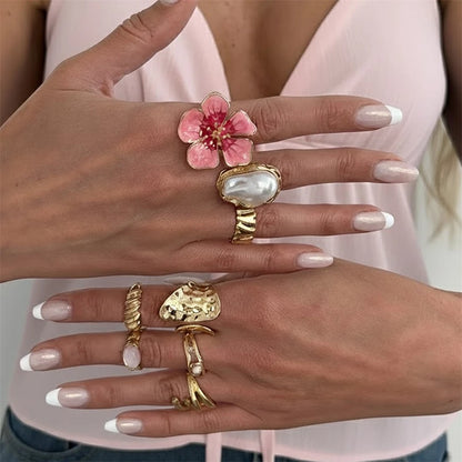 8Pcs/Set Vintage Pink Metal Flower Ring Set for Women Punk Elegant Baroque Pearl Knuckle Joint Ring Party Daily Wear Jewelry
