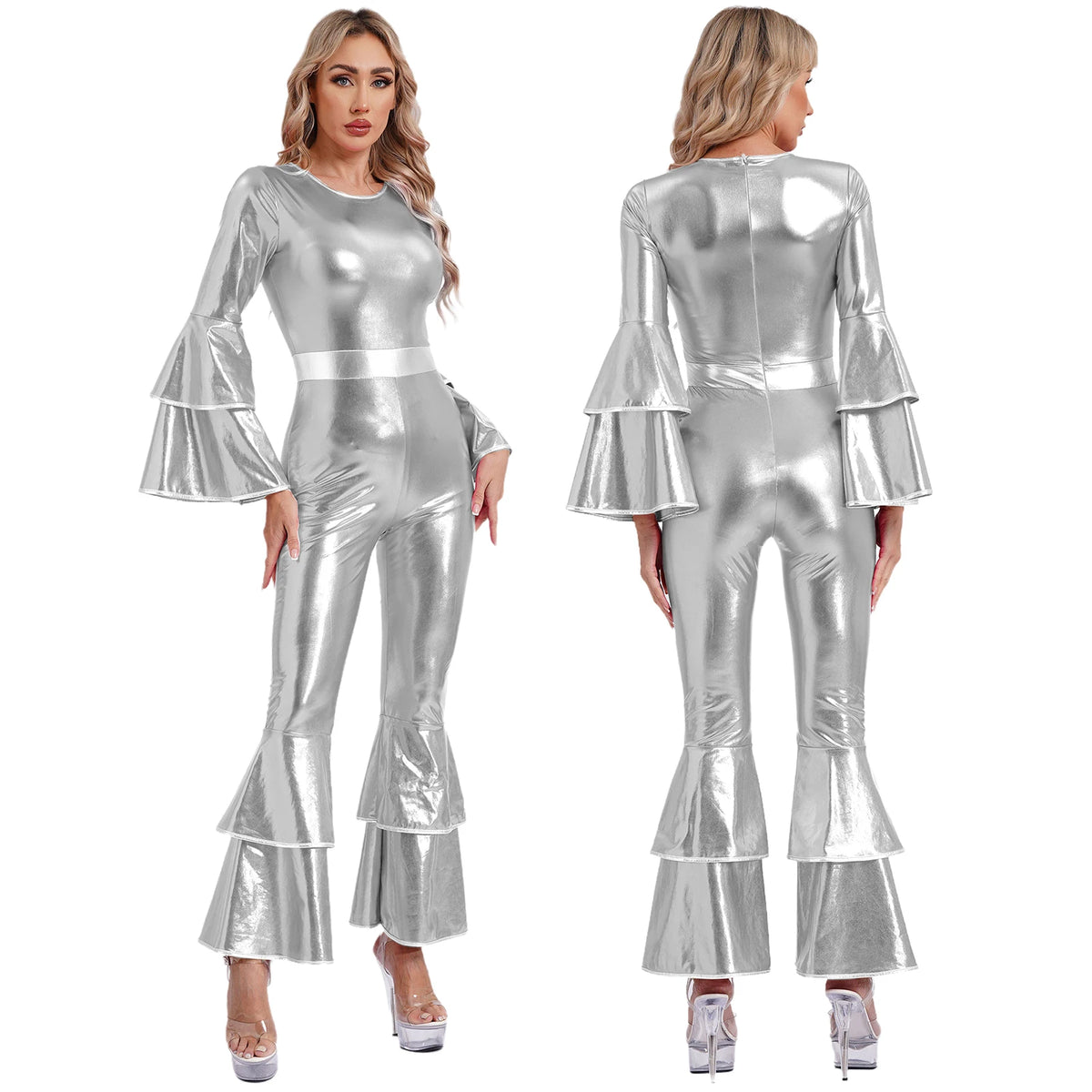 Women Vintage One Piece 70s Disco Dance Rompers Sleeveless Metallic Bell Bottom Flared Pants Jumpsuit for Retro Party Jazz Dance