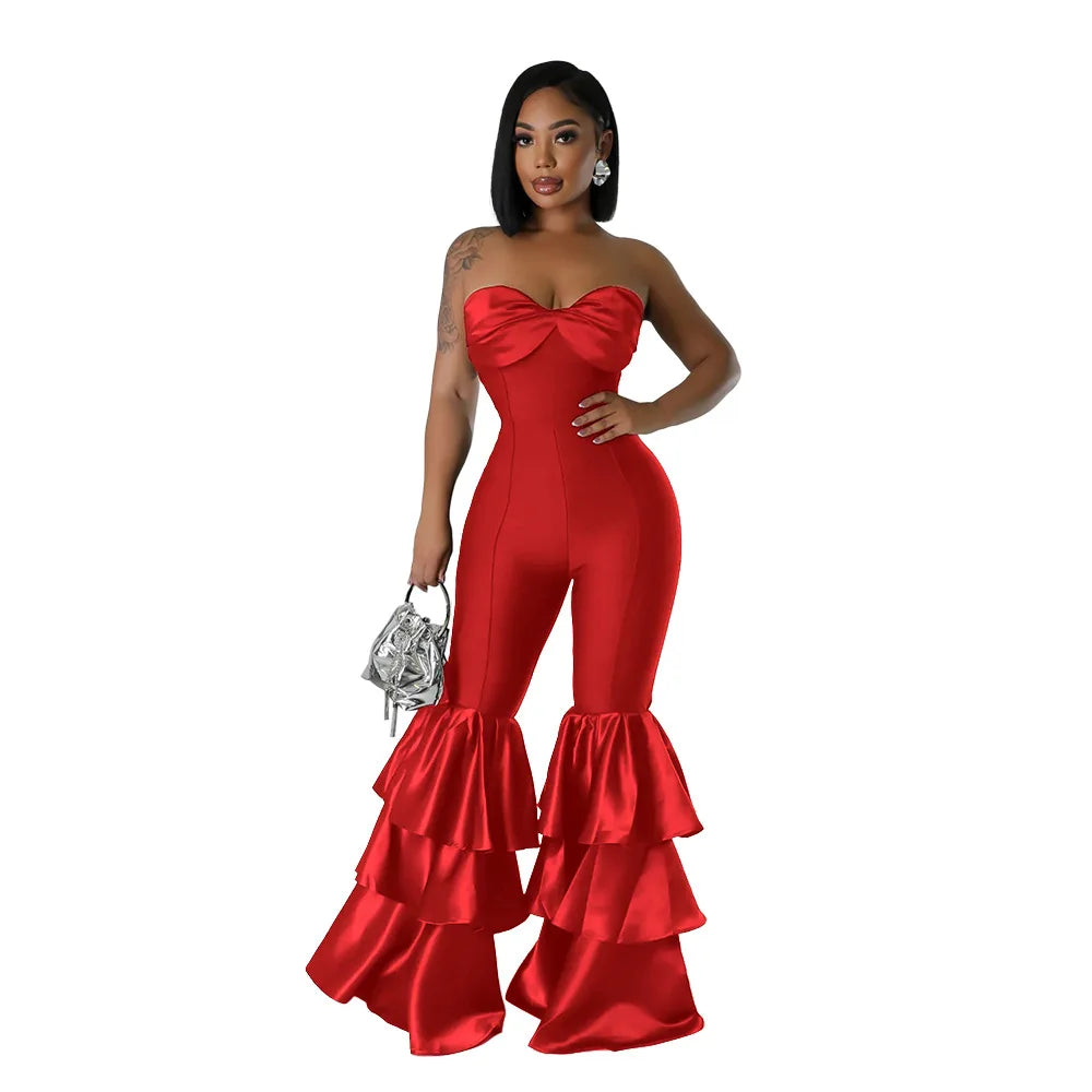 Jumpsuits Strapless Women Sleeveless Sexy Rompers One Piece Overalls Slim Fit Long Pant Ruffles Patchwork Elegant Lady