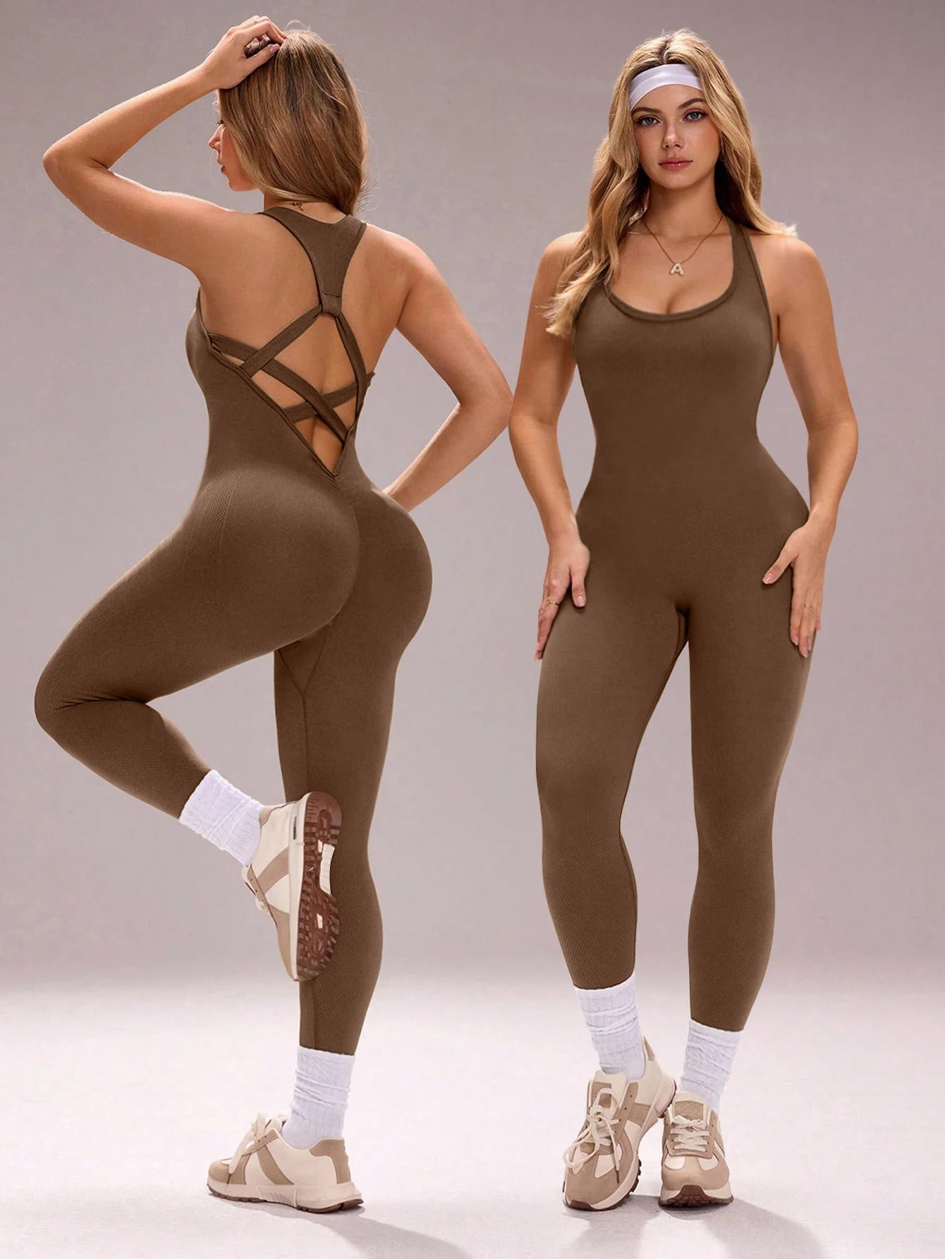 Crisscross Backless Seamless Yoga Jumpsuit Butt Lifting Tummy Control Sleeveless Fitness Workout One Piece Bodysuit