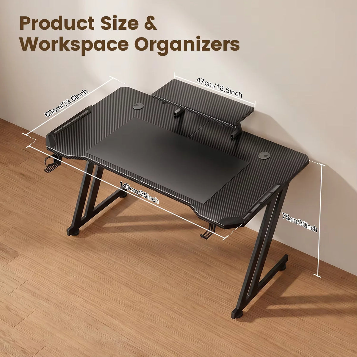 FRODROVIA Gaming Desk with APP RGB LED Lights, Carbon Fiber Surface Gaming Computer Desk with Removable Monitor Riser, Cup Holder & Headphone Hook, Screw‑Type Adjustable Leveling Feet for Gaming Room Home Office