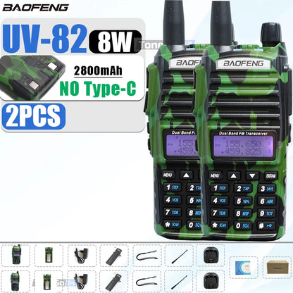 1/2Pcs Baofeng UV-82 Walkie Talkie 5/8W Tri-Power FM Radio Type-C Charger Dual PTT Dual Band VHF/UHF Two Way Camouflage For Hunt