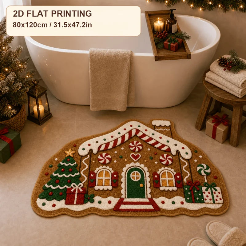 VIKAMA Xmas Holiday Cute Gingerbread House Irregular Rug Comfortable Floor Mat for Entryway Porch Xmas Home Decoration