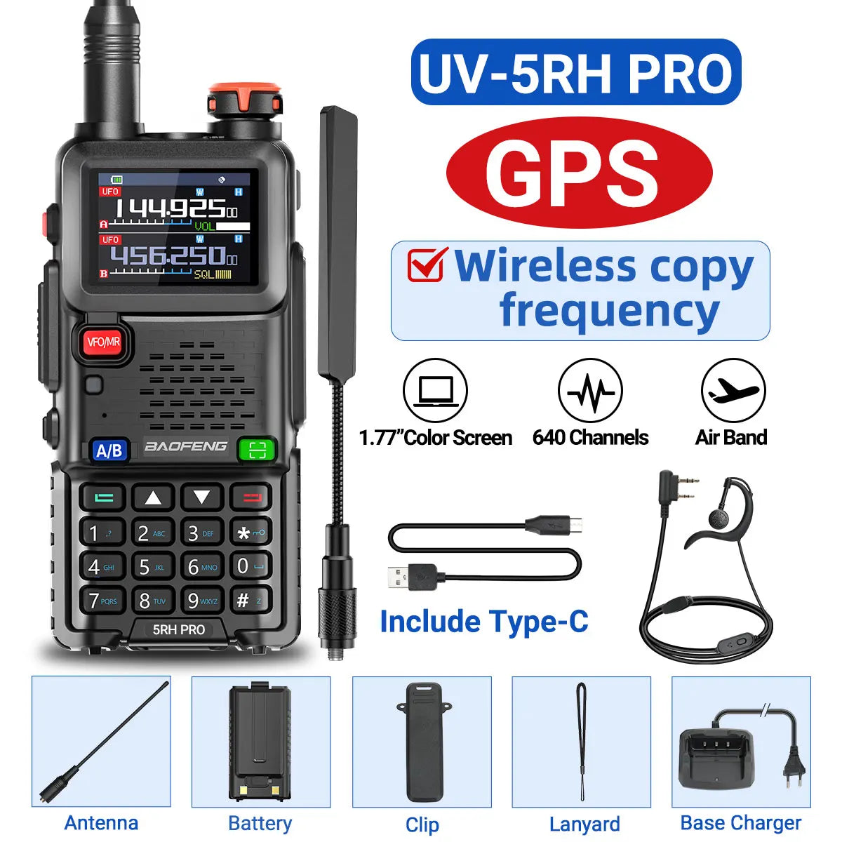 Baofeng UV-5RH PRO GPS Walkie Talkie Multi Band Wireless Copy Frequency Type-C Charger Upgrade UV-5R UV 17 Pro Gps Ham Radio