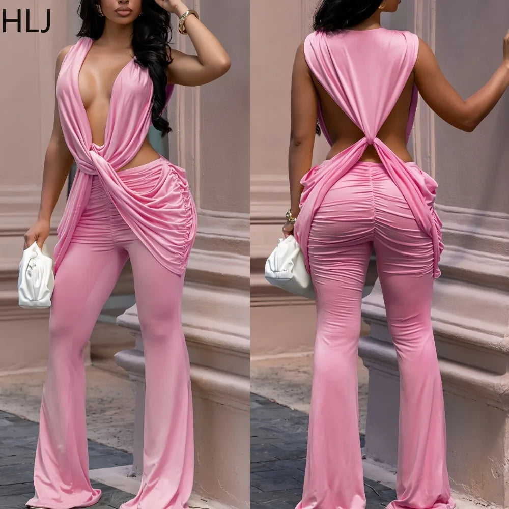 HLJ Sexy Solid Color Bodycon Jumpsuits Women Halter Deep V Neck High Waist Ruched Flare Rompers Party Club Streetwear Overalls