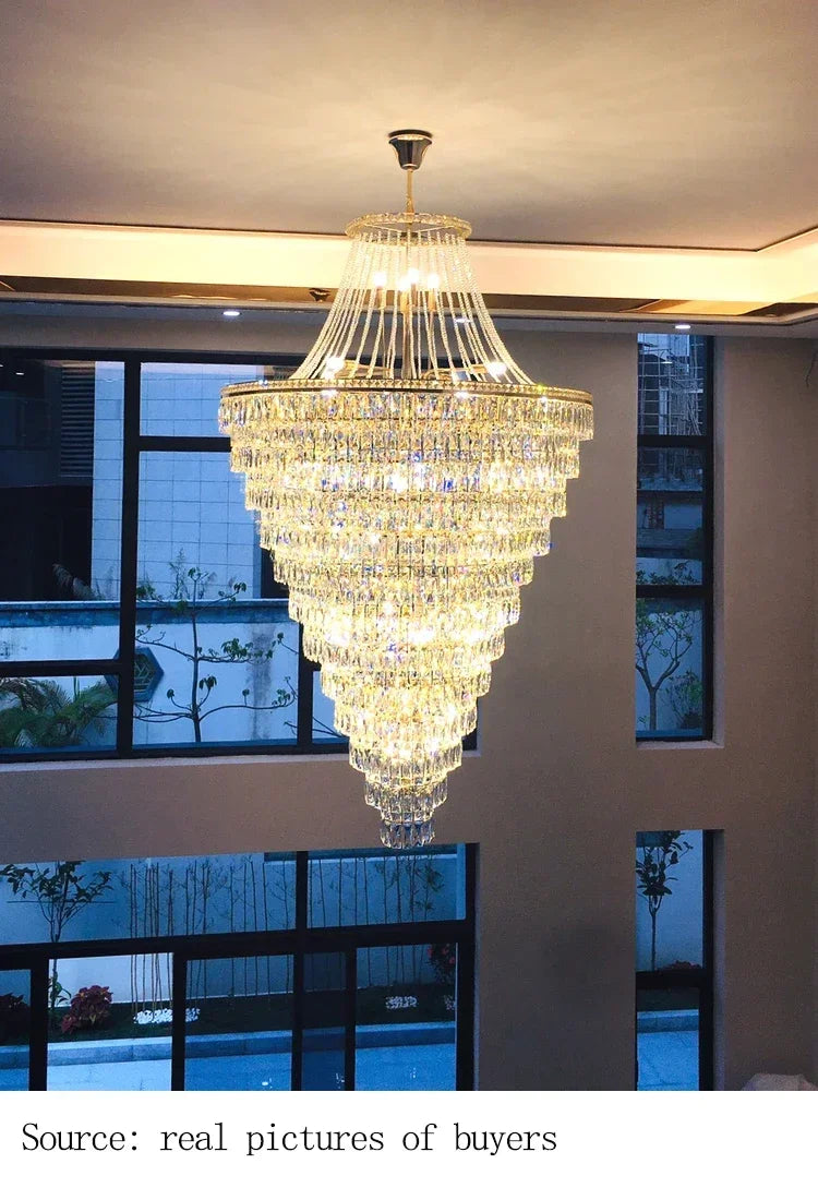 Large Ceiling Long Crystal Chandelier Hotel Lobby Living Room Luxurious Multi Story Staircase Light Golden Stainless Steel Light