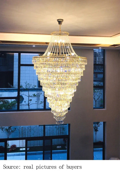 Large Ceiling Long Crystal Chandelier Hotel Lobby Living Room Luxurious Multi Story Staircase Light Golden Stainless Steel Light