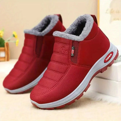 Women's super warm winter boots with anti slip thick soles, low heels, round toe section, solid color outdoor hiking