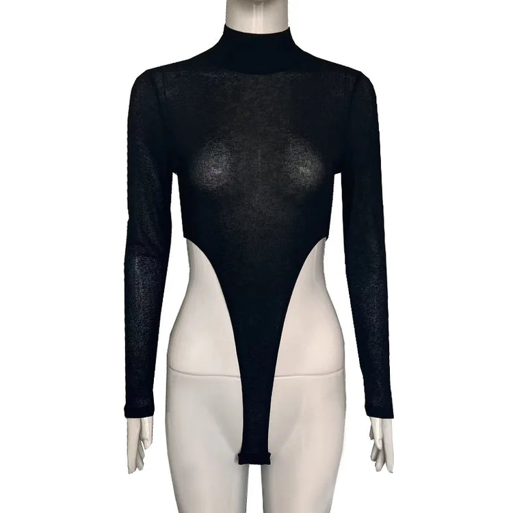 Playsuits women jumpsuits 2026 high-neck long-sleeved base top autumn new sexy see-through rompers women's clothing