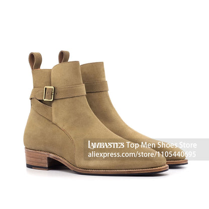 Suede Buckle Strap Ankle Boots Suede Leather Side Buckle Casual Dress Boots Vintage Suede Low Block Heel Pull On Boots for Men