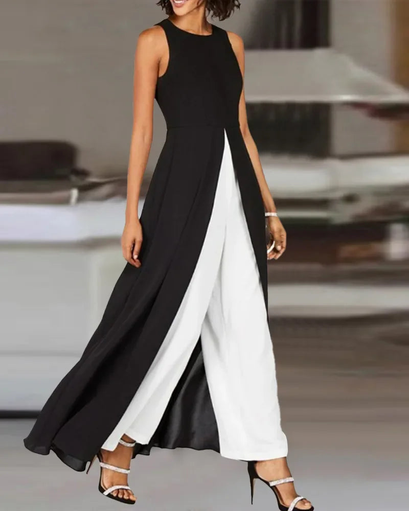 Jumpsuits Women Contrast Color High Waist Black Round Neck Sleeveless Jumpsuit O-neck Summer Wide Leg Pants Jumpsuits