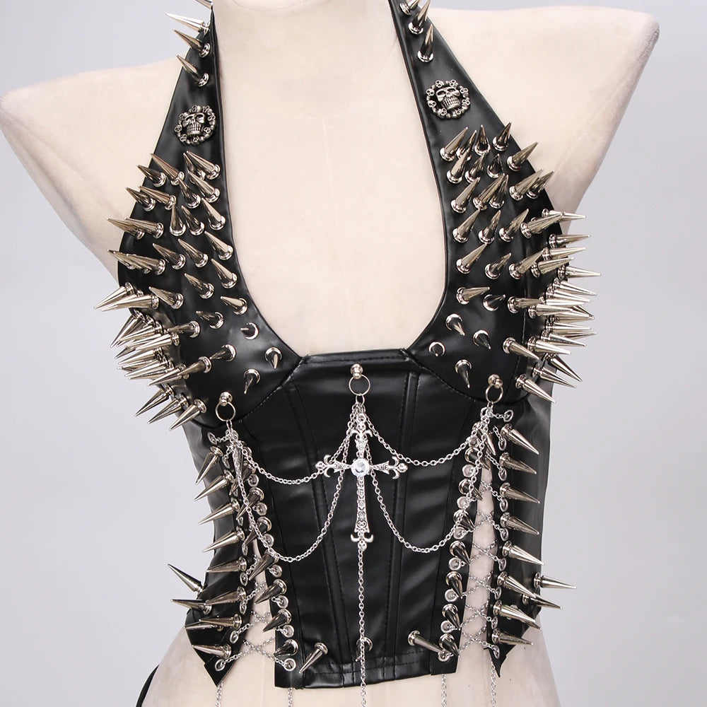 Goth Top Y2K Clothes Women's Tanks Emo Clothing Gothic Boho Tops with Spikes Punk Rock Teens Festival Spiked Bra Grunge T Shirt