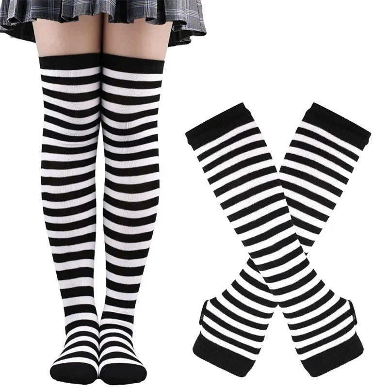Long Over Above Knee Socks Womens mittens Arm Sleeve Gloves Set Striped Thigh High Stockings Ladies Girl Pink Black White Lolita