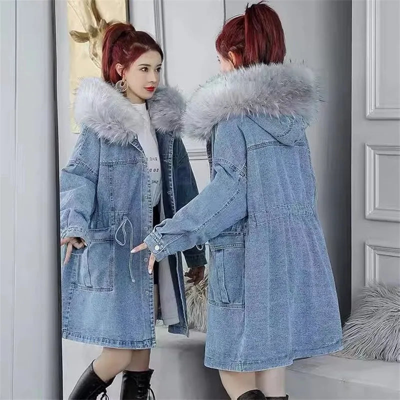 Women Jeans Coat 2024 New Winter Coat Thick Wool Denim Jacket Korea Loose Fur Collar Hooded Long Clothes Female Outerwear R375
