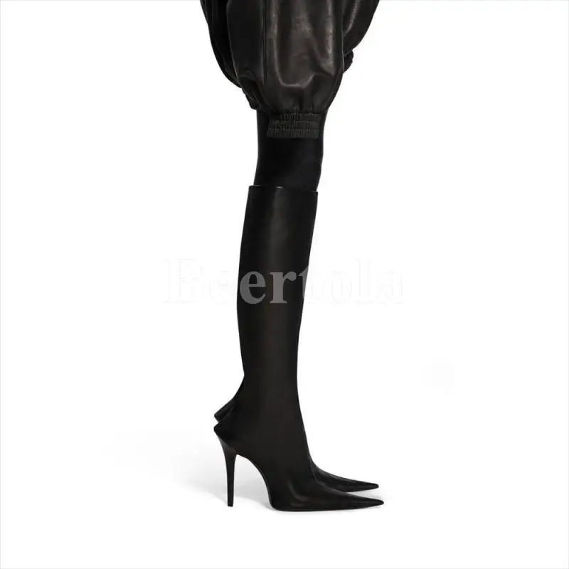 Black Leather Pointed Toe Ankle Boots Woman High Heels Stiletto Side Shaped Zipper Knee-High Boots Lady Sexy Boots