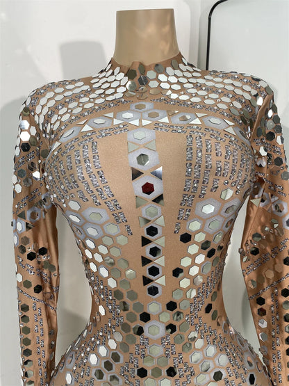Women Sexy Spandex Tight Jumpsuit Long Sleeve Mirrors Cosplay Costume Nightclub Dancer Outfit Performance Stage Wear