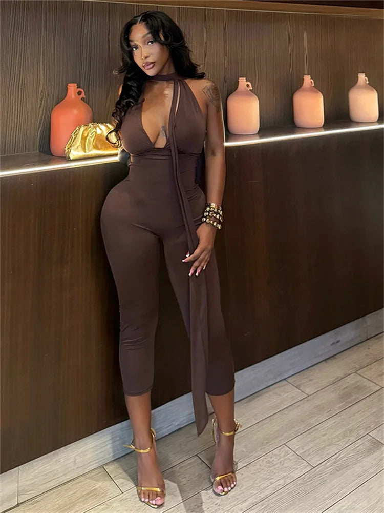 Kliou Sexy Backless Jumpsuits Woman Halter Ribbon Deep V-Neck Sleeveless Skinny Peach Hip Hot Girls High Street Fashion Overalls