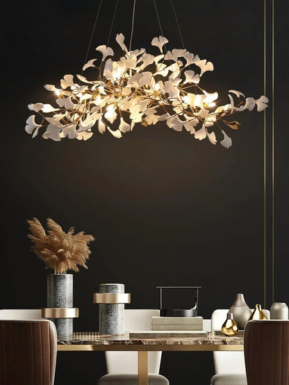 Modern Ceramics White Long Ginkgo Leaf LED Pendant Light Decoration Villa Living Room Ceiling Chandelier Indoor Hanging Lights