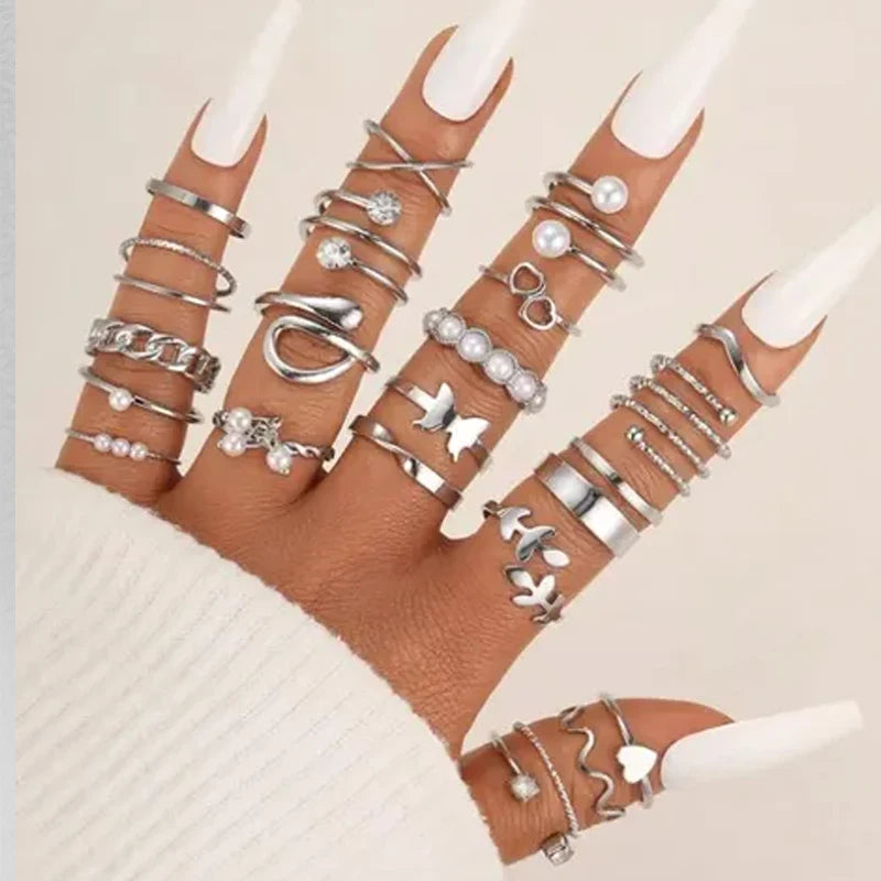 Boho Gold Color Rings Set For Women Fashion Cubic Zircon Heart Star Moon Flower Finger Rings Female Simple Trendy Jewelry Gifts