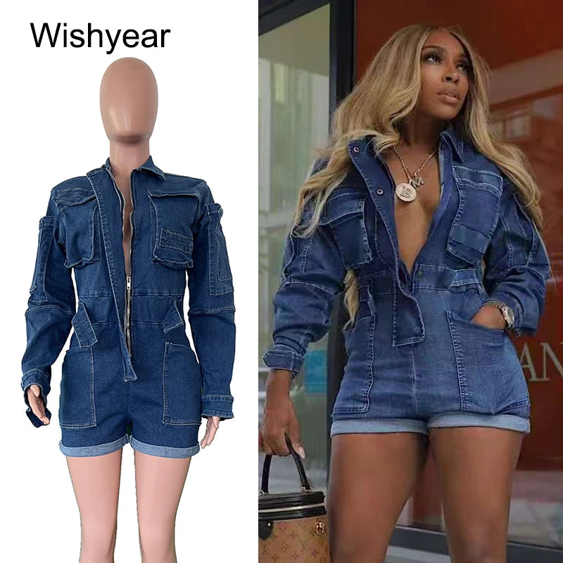 Fashion Blue Bodycon Denim Short Playsuits Women's Long Sleeve Washed Cargo Pocket Jumpsuits Streetwear Overalls Autumn Rompers