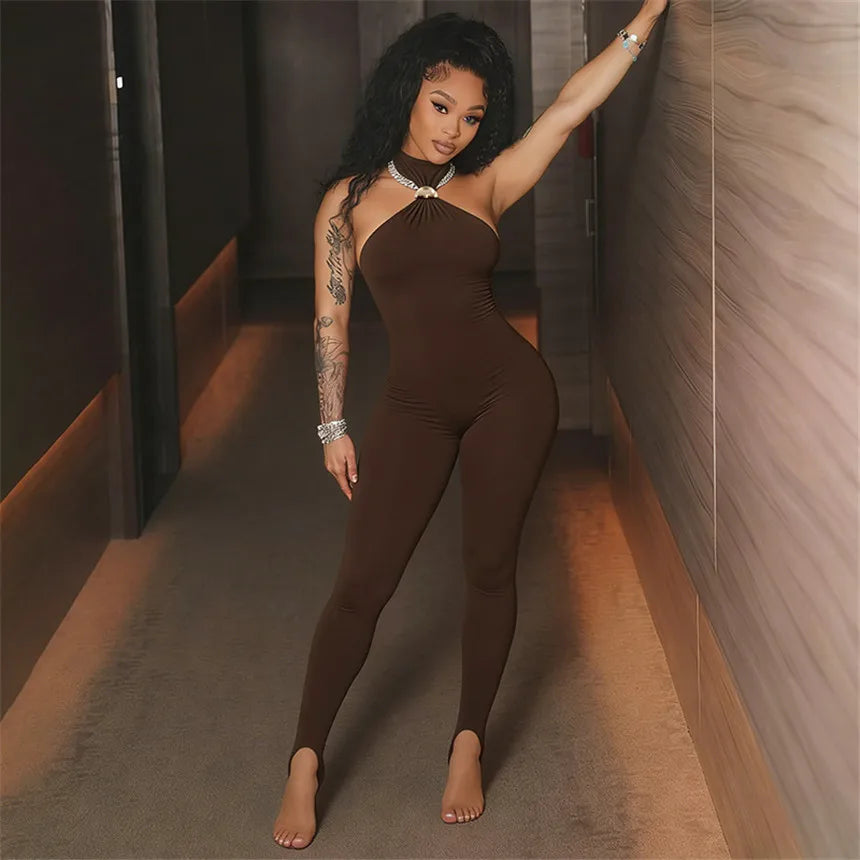 Summer Women Solid Sexy Halter Neck Jumpsuits Night Club Outfit Female Sleeveless Off Shoulder One Piece Bodysuit Black Brown