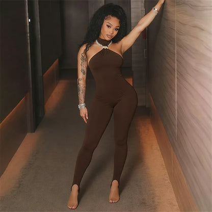 Summer Women Solid Sexy Halter Neck Jumpsuits Night Club Outfit Female Sleeveless Off Shoulder One Piece Bodysuit Black Brown