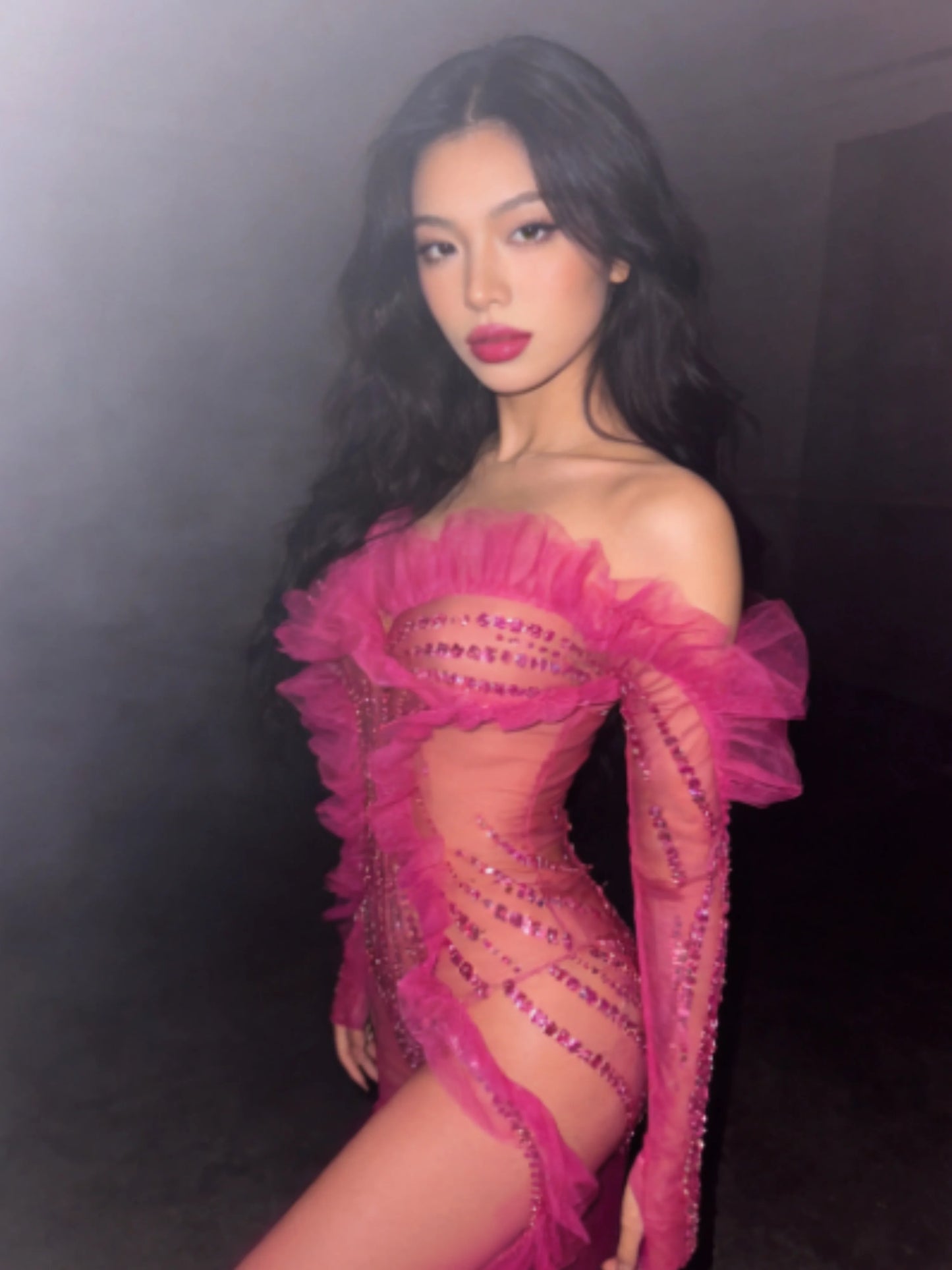 Luxury Rhinestone Mesh Bodysuit Ruffle Frill and Asymmetrical Design Formal Events Photoshoots Stage Performance Party Outfit
