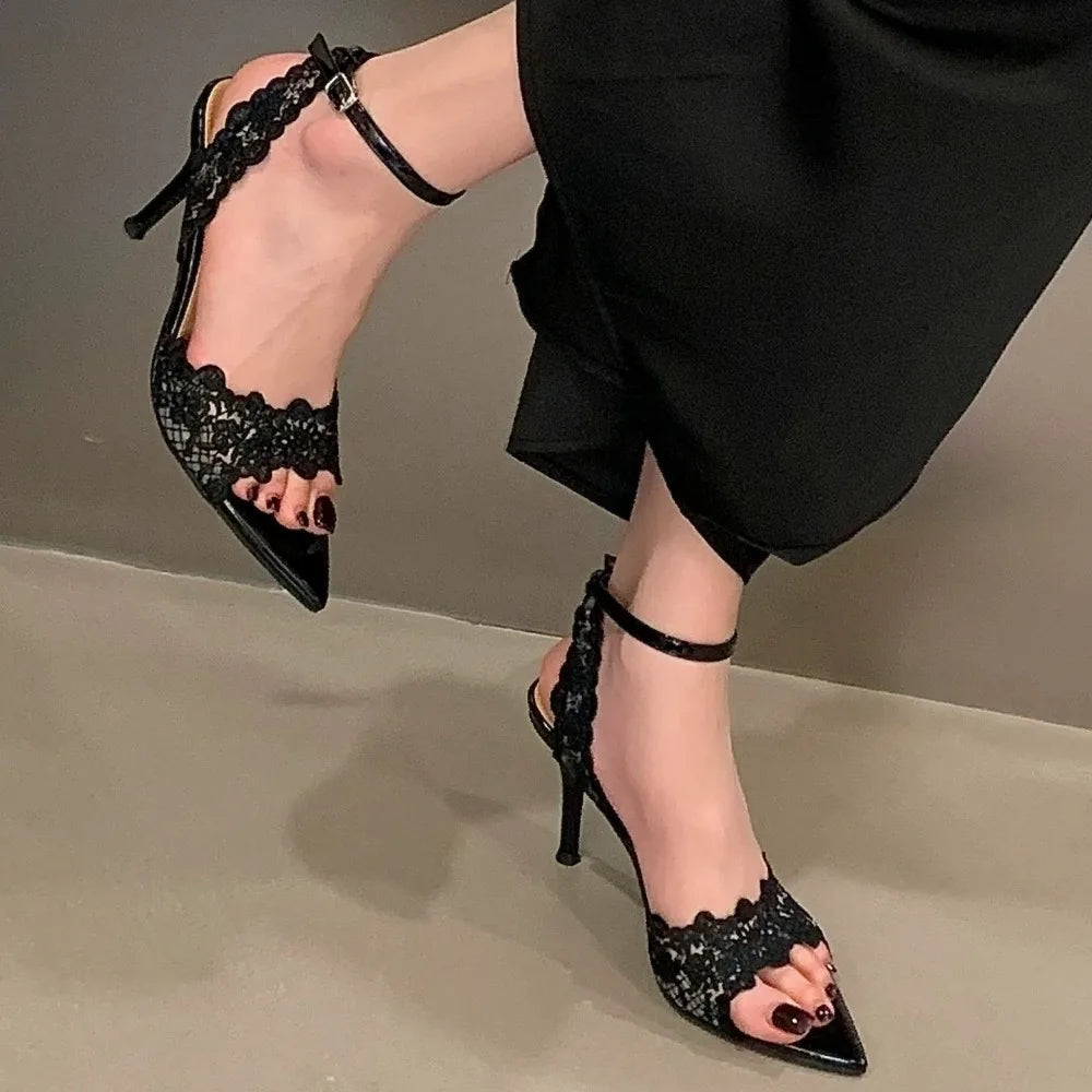 Luxury Lace Embroidery Ankle Strap Buckle Women Gladiator Sandals Elegant Thin High heels Summer Fashion Party Wedding Shoes