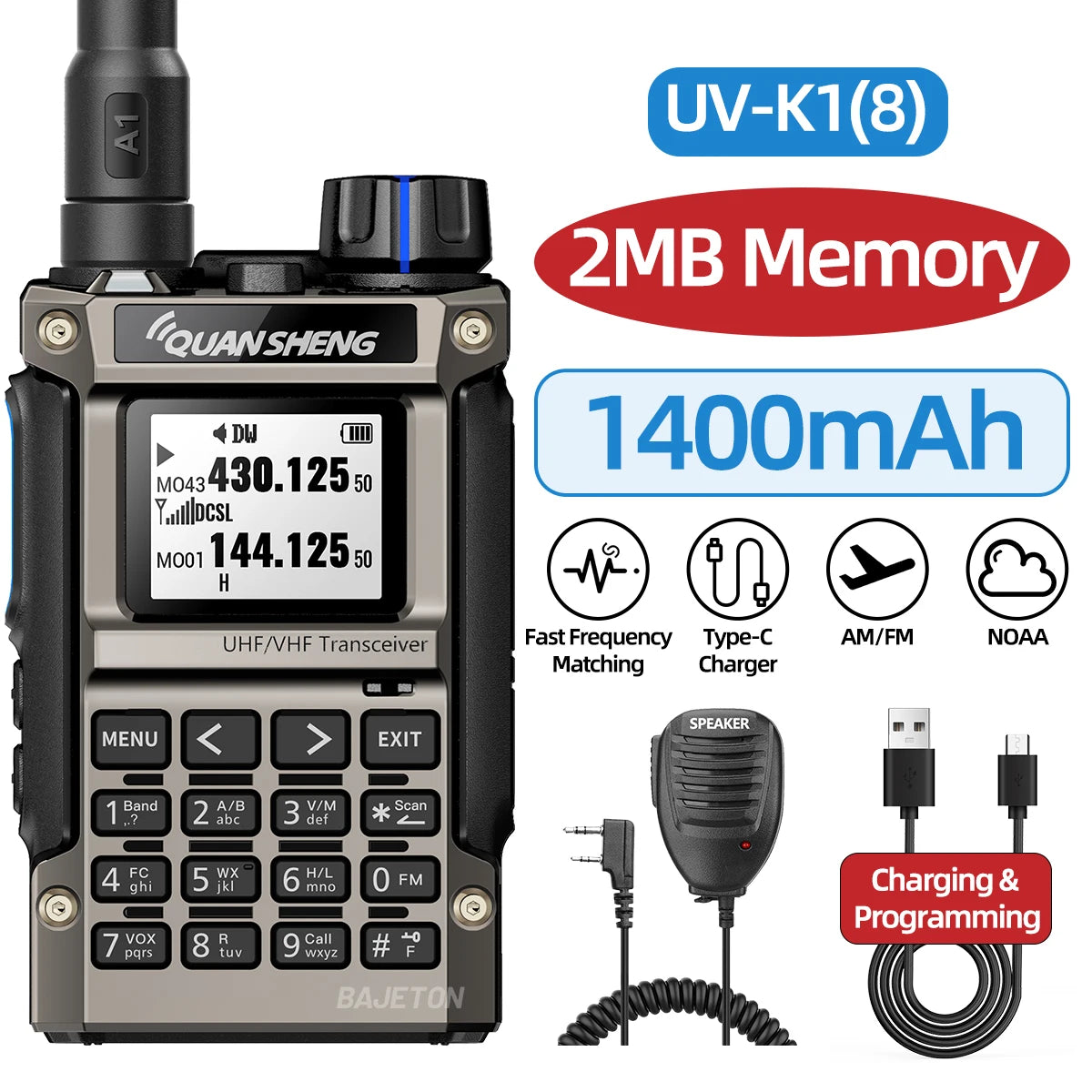 Quansheng UV-K1(8) Multi-Band Walkie Talkie 2MB Flash Wireless Copy Frequency Long Range Type-C Charger for Quansheng UVK5 K6