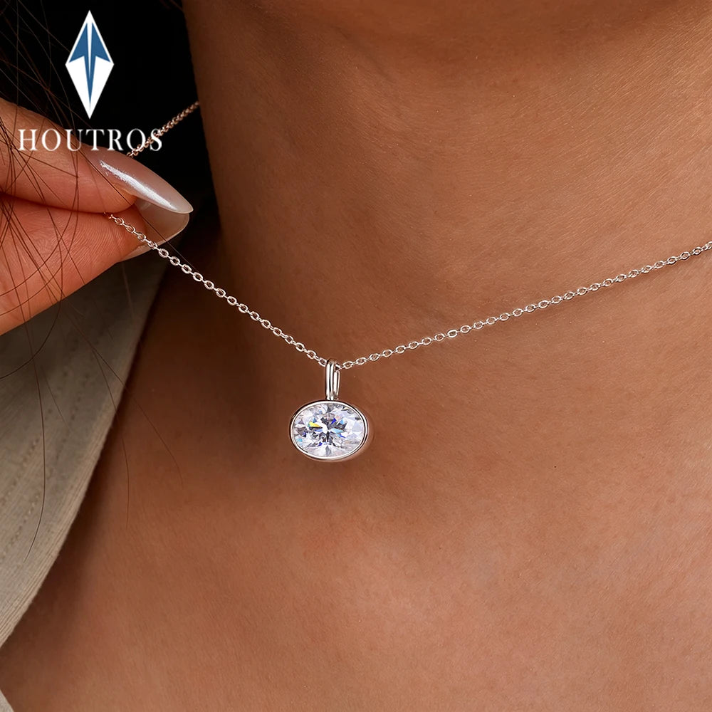 Bezel Set 2-4Carat East West Oval Cut Moissanite Pendant Necklace for Women S925 Silver 18k Gold Plated Neck Chain Jewelry Gift