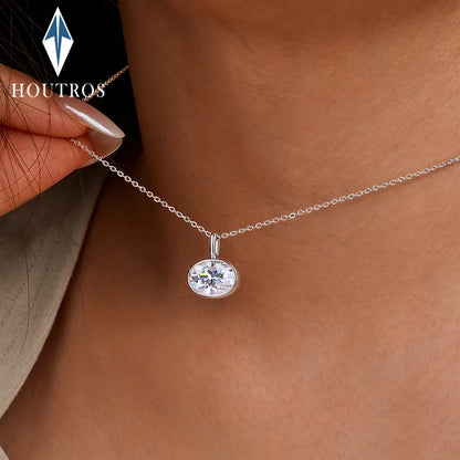 Bezel Set 2-4Carat East West Oval Cut Moissanite Pendant Necklace for Women S925 Silver 18k Gold Plated Neck Chain Jewelry Gift