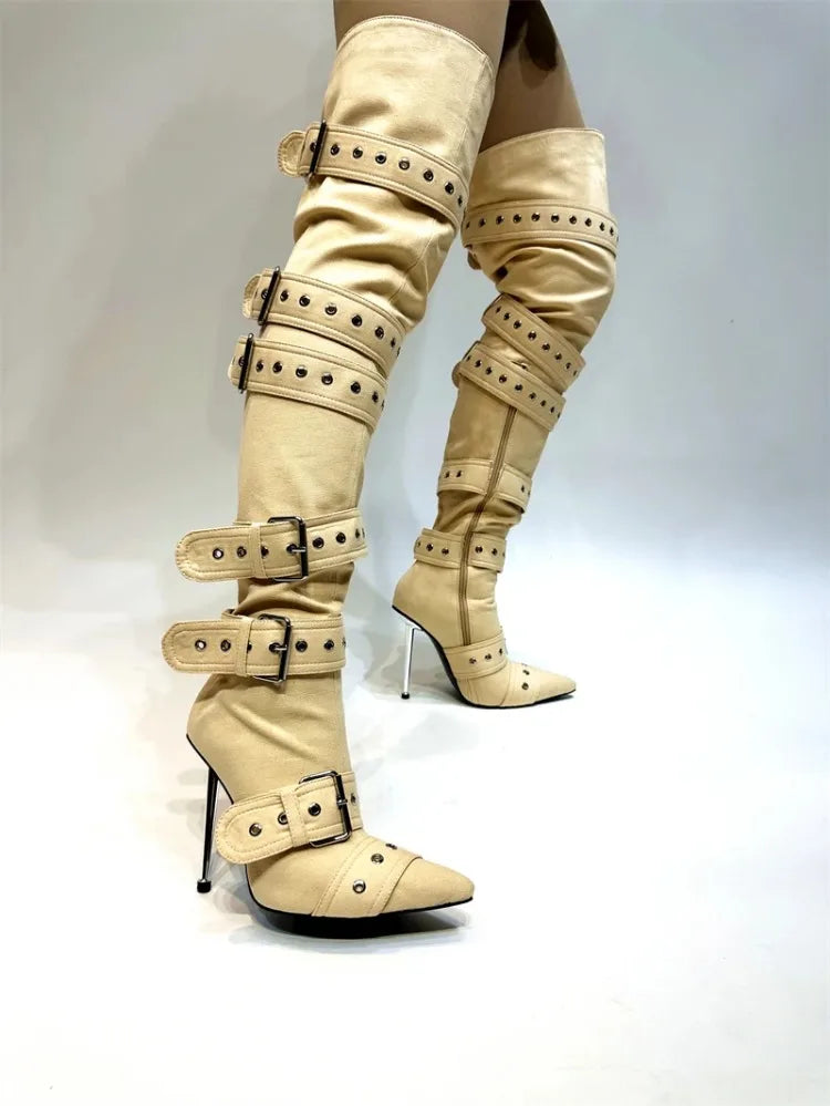 New Women Denim Metal Rivet Buckle Sandals Women Sexy Punk Style Pointed Hollow Metal 11cm High Heel Knee High Boots Size34-43