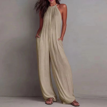 Women's Halter Sleeveless Jumpsuit New Beach Vacation Textured Overalls with Pockets Wide Leg Romper Casual Spring Summer Outfit