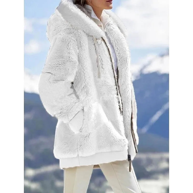 Women's Plush Hooded Drawstring Coat Autumn Winter Fashion Casual Zipper Long Sleeve Pocket Solid Color Ladies Jacket