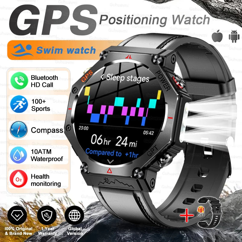 New Military Real GPS Smart Watch Men 10ATM IP69K Waterproof Swim Sports Watches Flashlight Bluetooth Call AMOLED HD Smartwatch