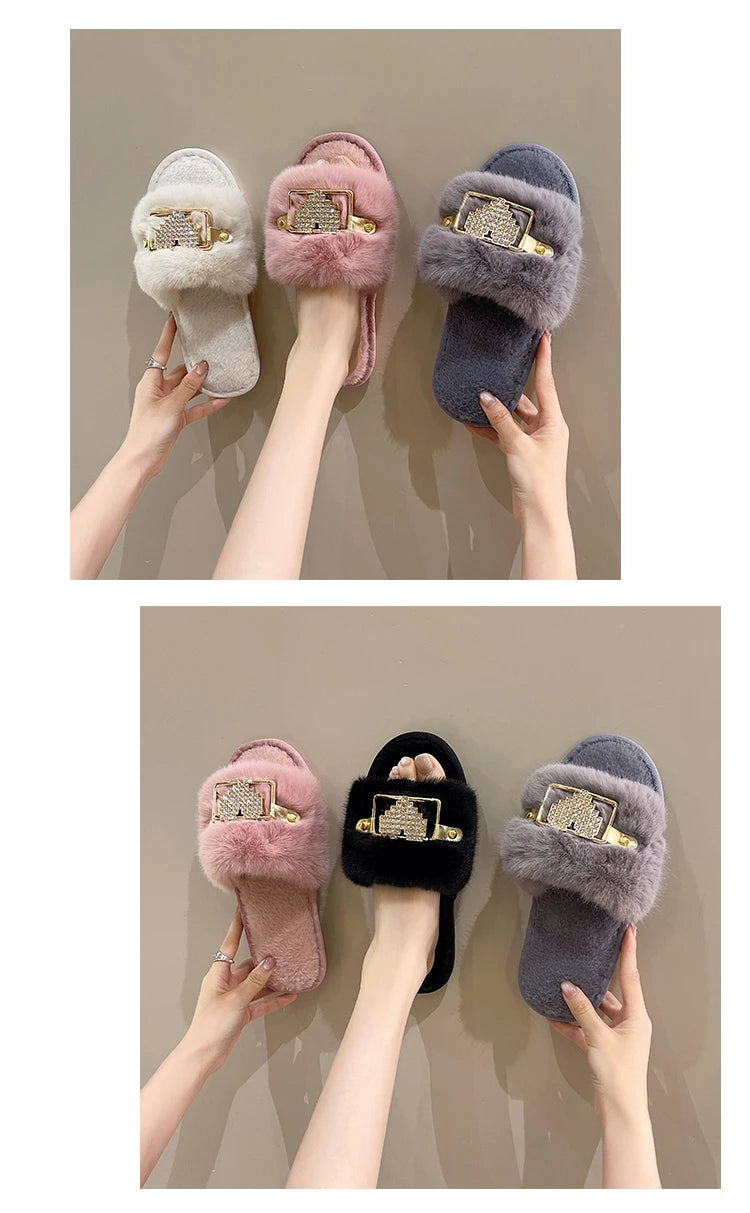 Love Chain Fluffy Women's Slippers Home Fashion Luxury Designer Shoes Woman Autumn Winter Faux Fuzzy Fur Slides Indoor Elegant