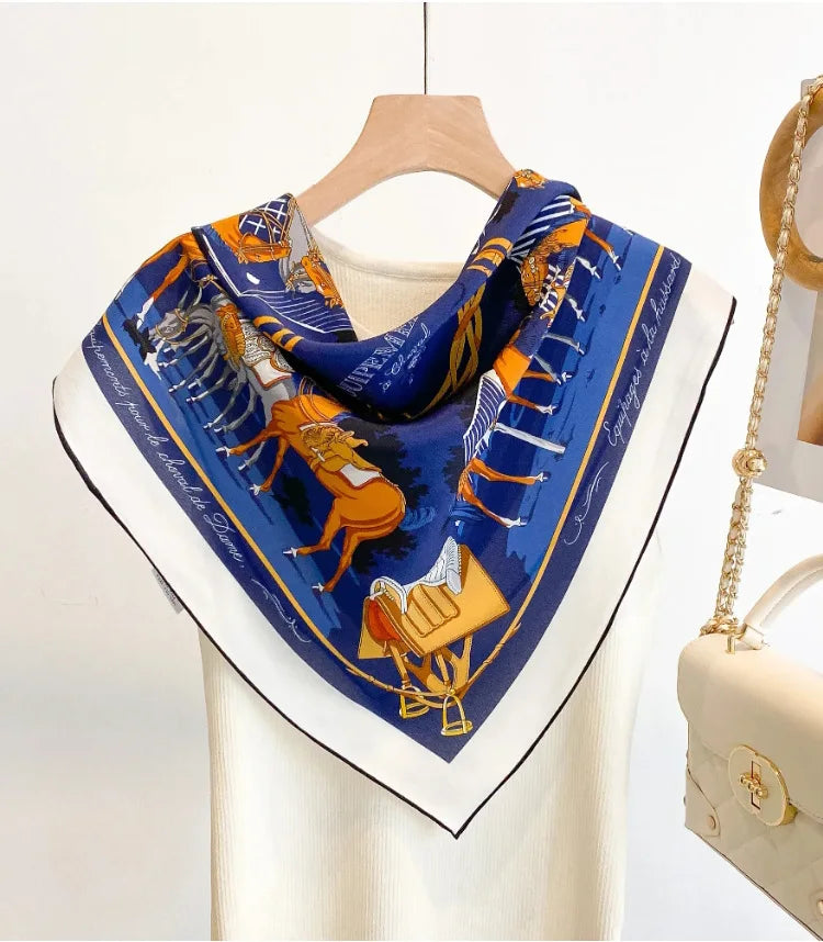 100% Mulberry Silk Square Scarf Vintage Equestrian Horse Saddle Print Bandana Unisex Neck Head Wrap Office Travel Holiday Gift