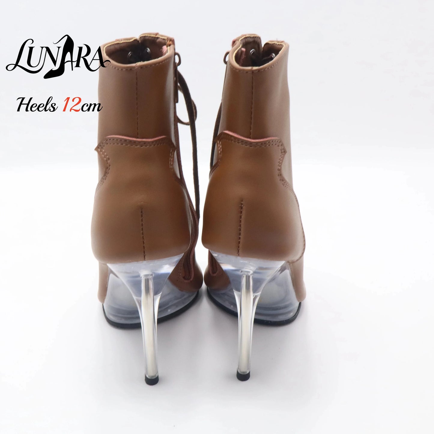 12cm/5Inch Plus size Beige PU Leather Lace-up Side zipper Peep toe High Stilettos Ankle boot Pole dancing Nightclub Rave Parties