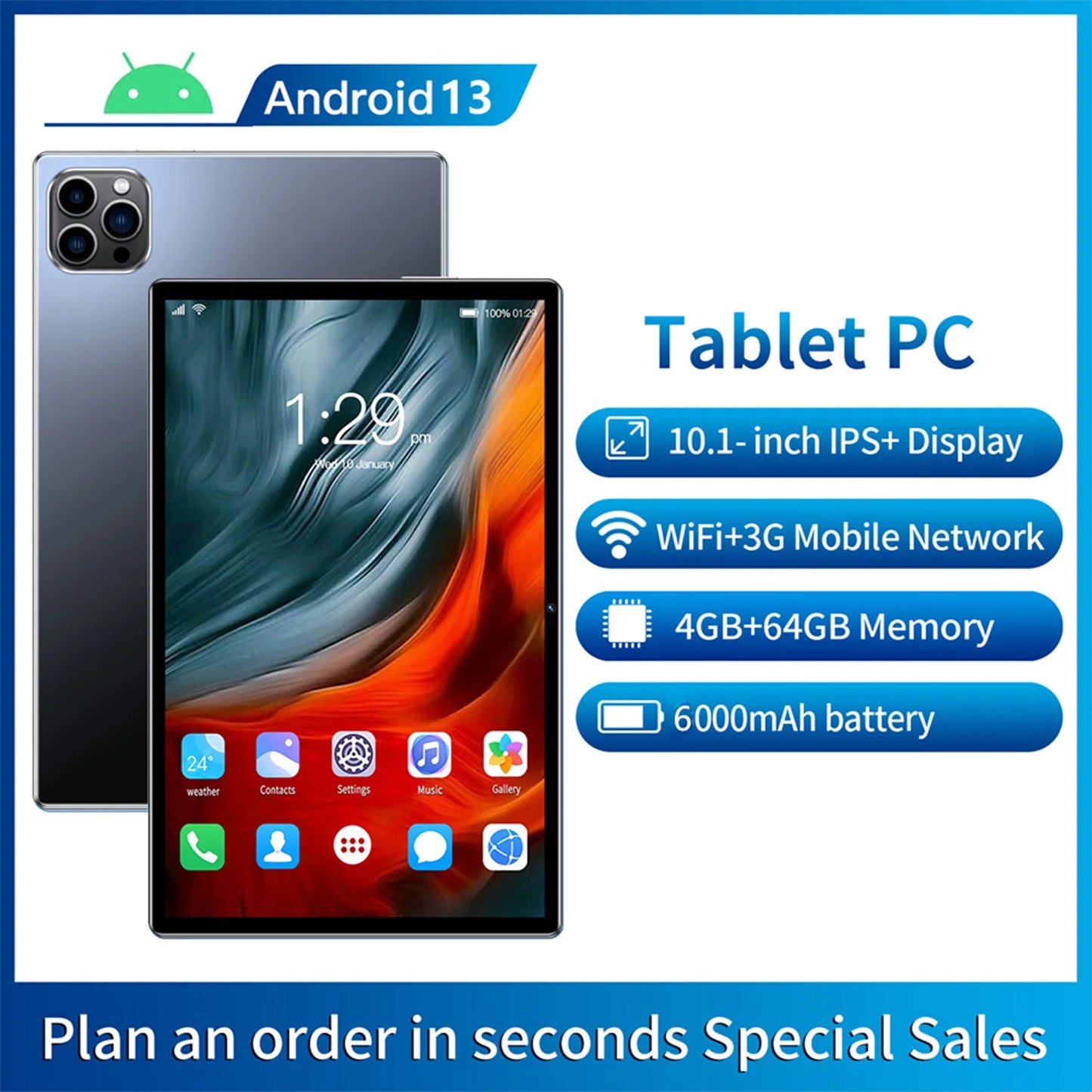 New 10.1 Inch Tablet Android 13, 4GB RAM 64GB ROM, Dual SIM, Rear and Front Cameras, 6000MAH, Children's Gift Tablet